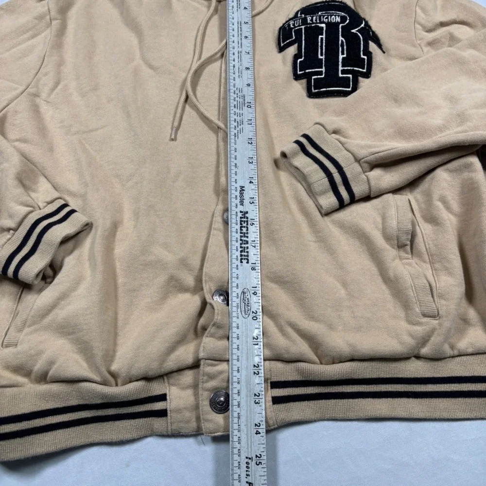 True Religion Varsity Hoodie Mens XL Tan Snap Front Chenille Logo Jacket Hoodie